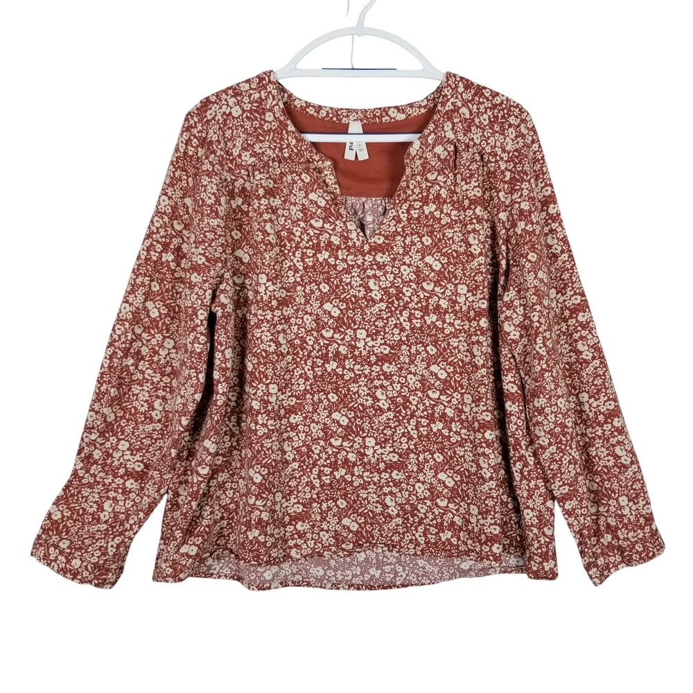 Pact Blouse Women XL Terracotta Floral Organic Cotton Split Neck Boho Top